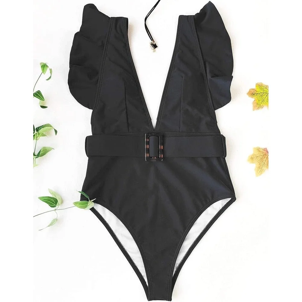 Avanova Black Ruffle One Piece Swimsuit‎ Deep V Neck Belted Bathing Suit M